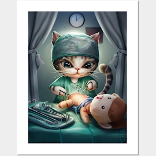 Cute cat surgeon performing surgery Posters and Art